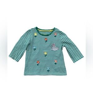 Mini Boden Size 3-4 Years Green Striped Flower Bunny Embroidered Spring Tee